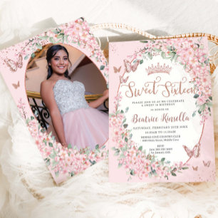 Pink Cherry Blossoms Floral Sweet Sixteen 16 Photo Invitation