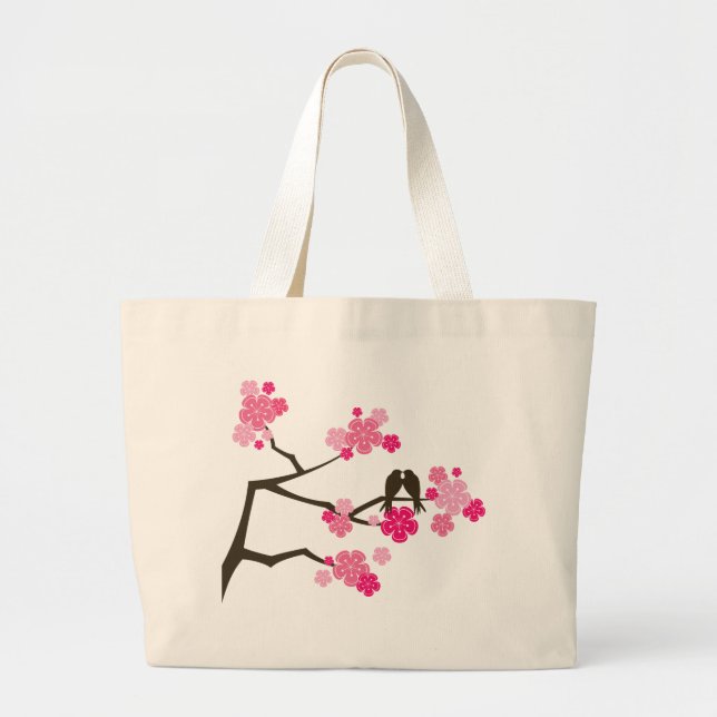 Pink Cherry Blossoms Flowers Love Birds Tote Bag (Front)
