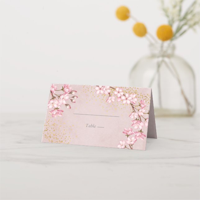 Pink Cherry Blossoms Gold Glitter Wedding  Place Card (Front)