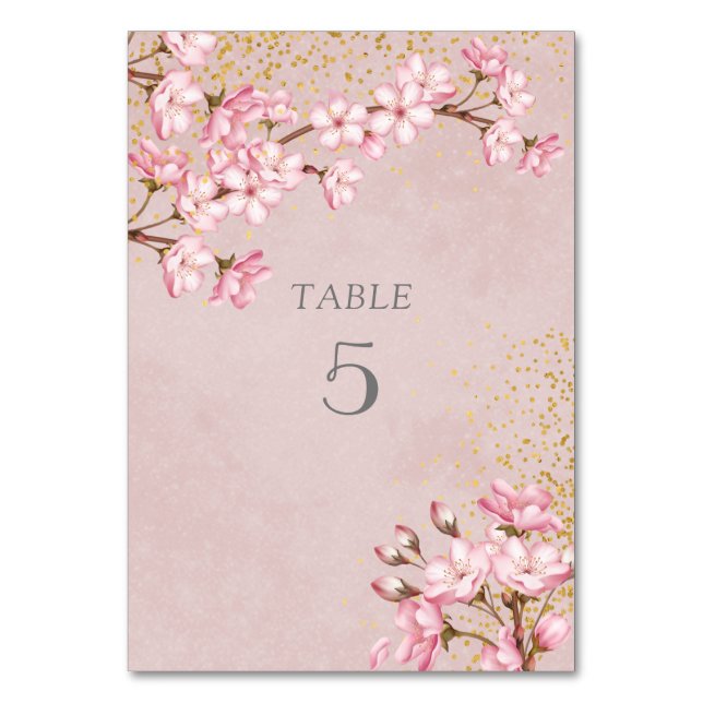 Pink Cherry Blossoms Gold Glitter Wedding Table Number (Front)