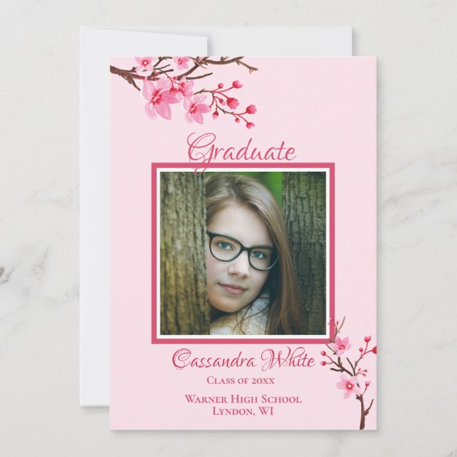 Pink Cherry Blossoms Graduation Party Invitation (Front)