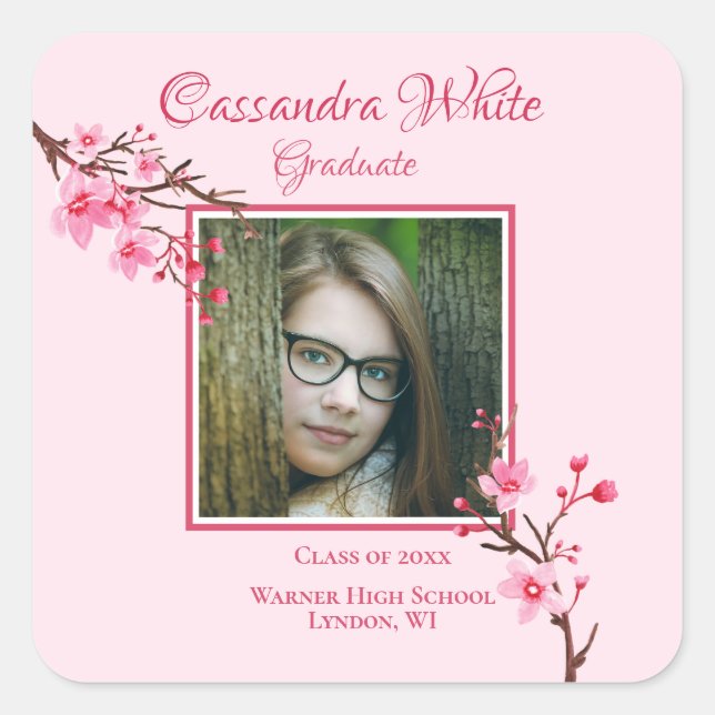 Pink Cherry Blossoms Graduation Party  Square Sticker (Front)