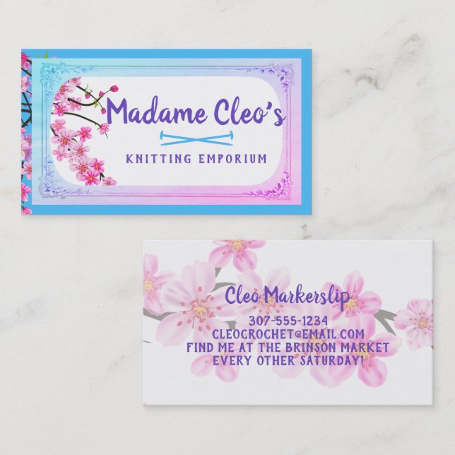 Pink cherry blossoms knitter knitting needles business card (Front/Back)