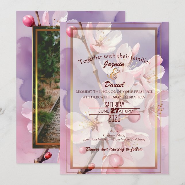 Pink Cherry Blossoms/ Lavender Photo Box  Invitation (Front/Back)
