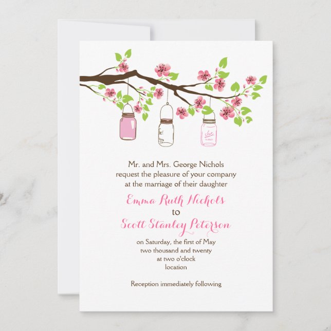 Pink cherry blossoms & mason jars spring wedding invitation (Front)