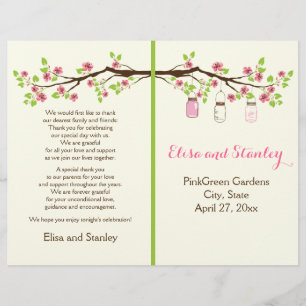 Pink cherry blossoms, mason jars wedding program