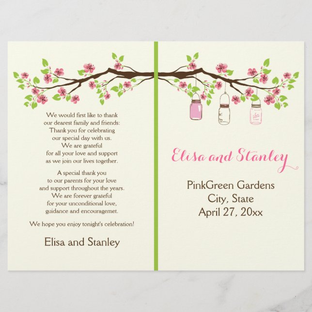 Pink cherry blossoms, mason jars wedding program (Front)