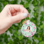 Pink Cherry Blossoms, Mint Green, Photo Key Ring<br><div class="desc">Create a special keepsake gift when you add your own photo and text to this keychain. Your photo appears in an elegantly shaped frame set against a mint green background and surrounded by pink cherry blossom flowers.</div>