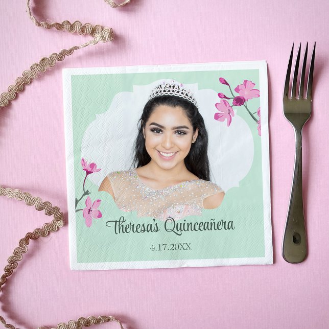 Pink Cherry Blossoms, Mint Green, Photo  Napkin (Creator Uploaded)