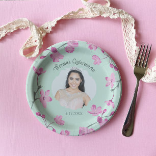 Pink Cherry Blossoms, Mint Green, Photo Paper Plate
