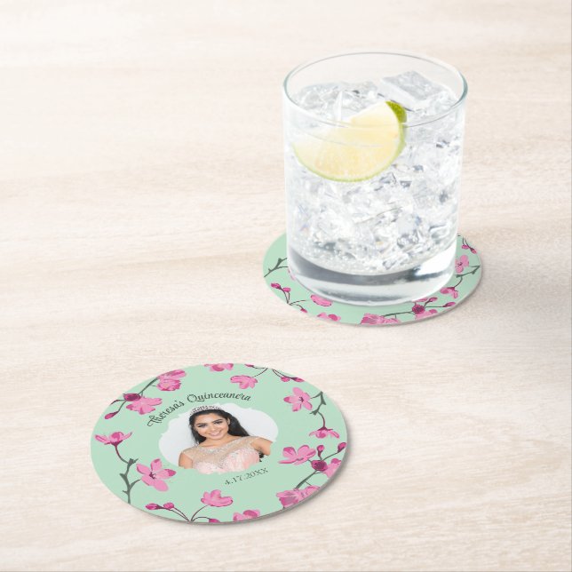 Pink Cherry Blossoms, Mint Green, Photo Round Paper Coaster (Insitu)