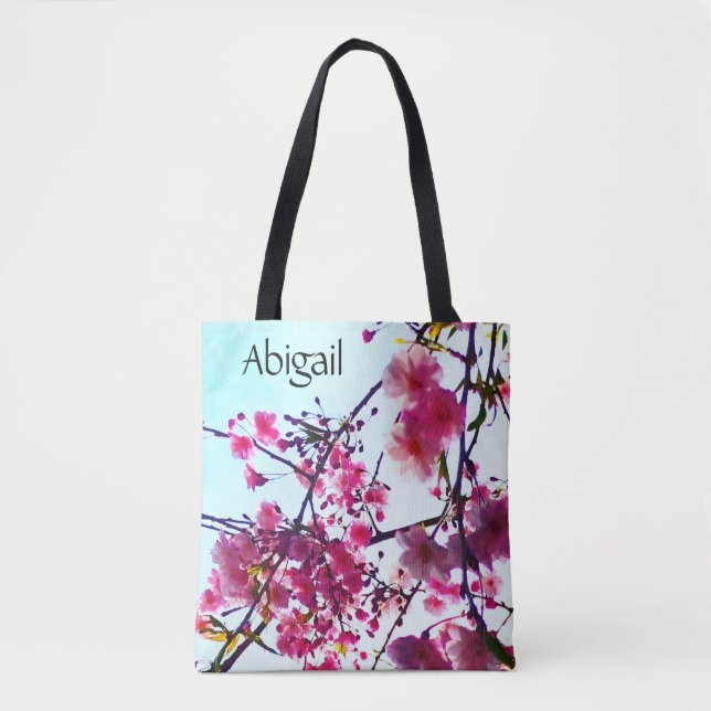 Pink Cherry blossoms - monogrammed Tote Bag (Front)