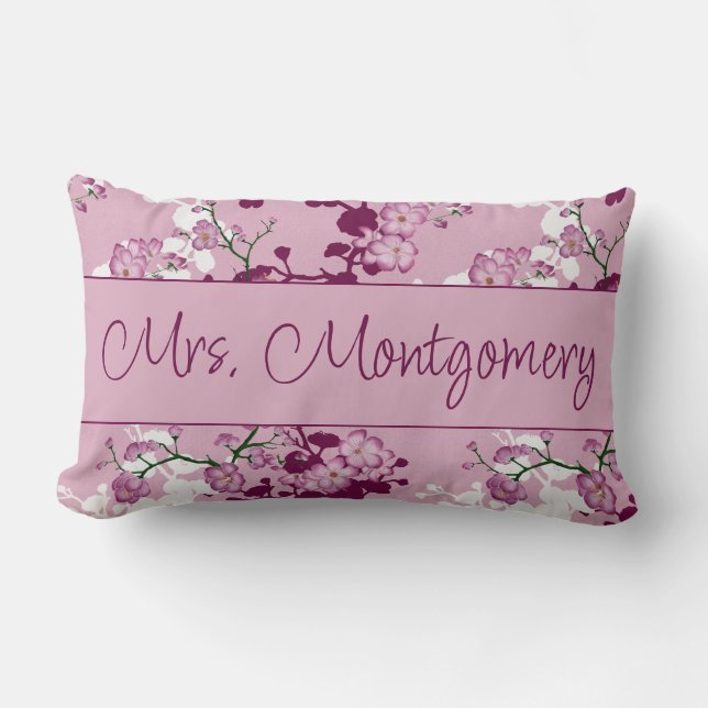 Pink Cherry Blossoms Mrs. Bridal Shower Gift Lumbar Cushion (Front)