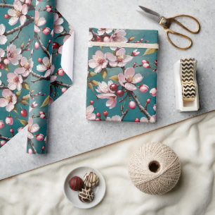 Pink Cherry Blossoms on a Teal Background Wrapping Paper