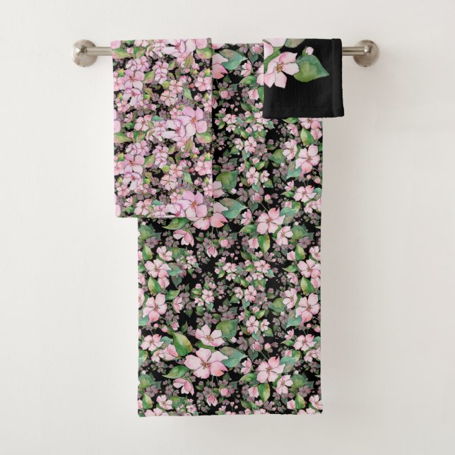 Pink Cherry Blossoms On Black Bathroom Towel Set (Insitu)