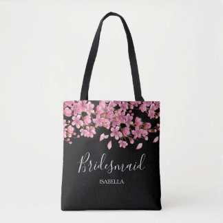 Pink Cherry Blossoms On Black Bridesmaid Tote Bag