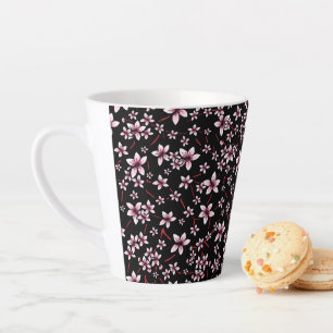 Pink Cherry Blossoms On Black Latte Mug