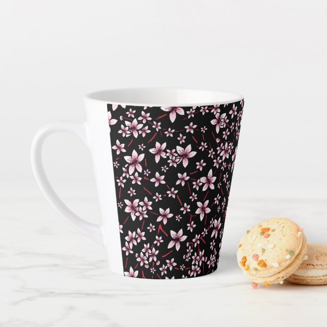 Pink Cherry Blossoms On Black Latte Mug (In Situ)