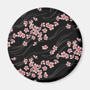 Pink Cherry Blossoms on Black Magnet