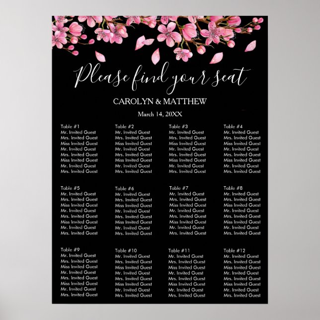 Pink Cherry Blossoms On Black Seating Chart (Front)