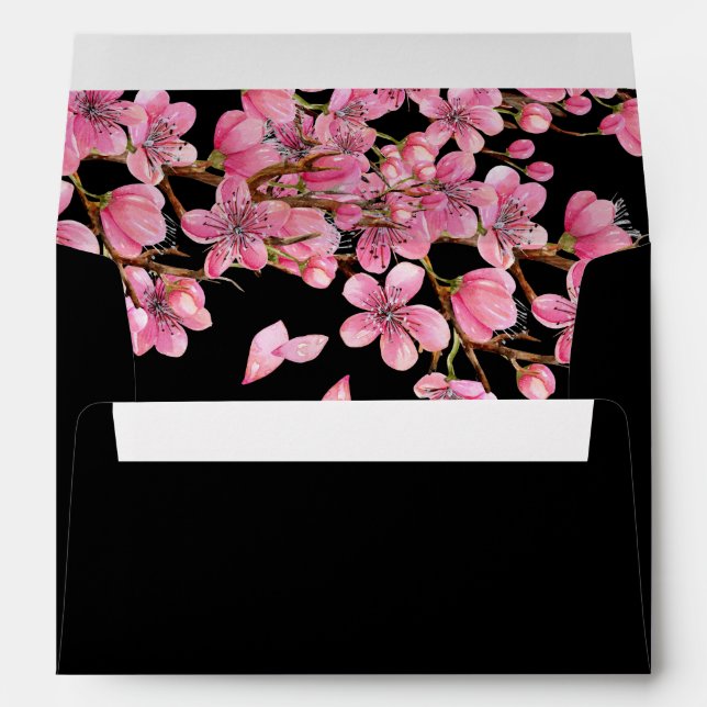 Pink Cherry Blossoms On Black Wedding Envelope (Back (Bottom))