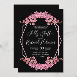 Pink Cherry Blossoms On Black Wedding Invitation