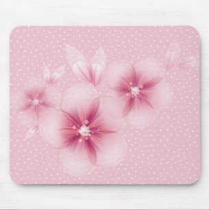 Pink Cherry Blossoms on Dots Mouse Pad