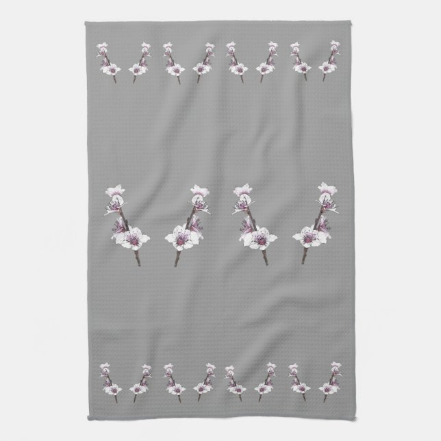 Pink Cherry Blossoms on Grey Tea Towel (Vertical)