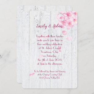 pink cherry blossoms on wood wedding invitation