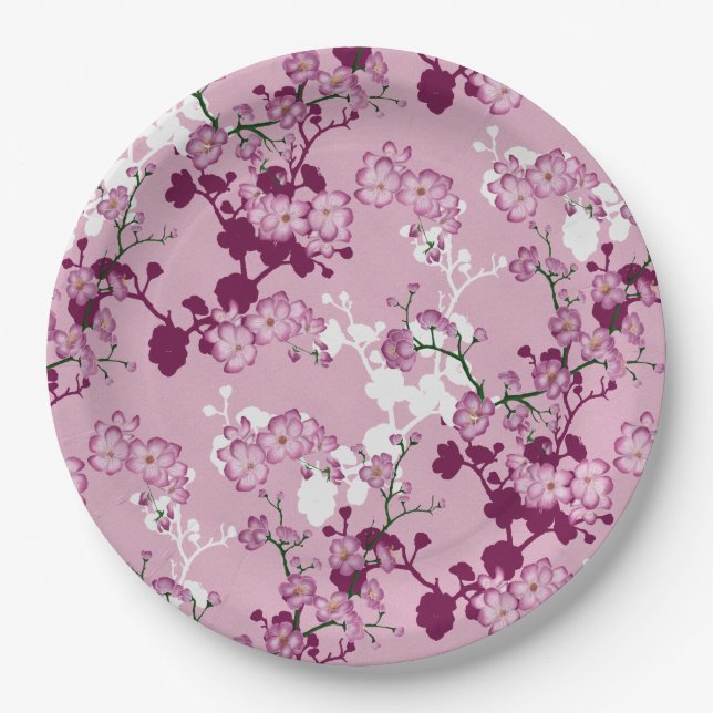 Pink Cherry Blossoms Paper Plate (Front)