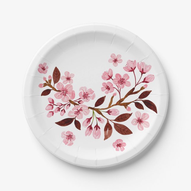 Pink Cherry Blossoms Paper Plate (Front)