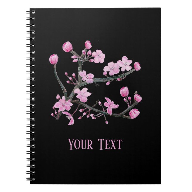 Pink Cherry Blossoms Personalised Black Notebook (Front)