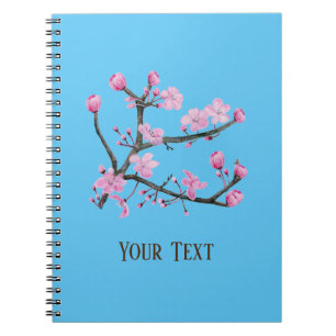 Pink Cherry Blossoms Personalised Sky Blue Notebook