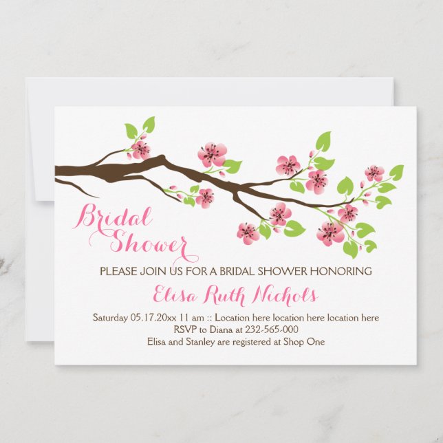 Pink cherry blossoms spring wedding bridal shower invitation (Front)