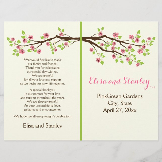 Pink cherry blossoms spring wedding program (Front)