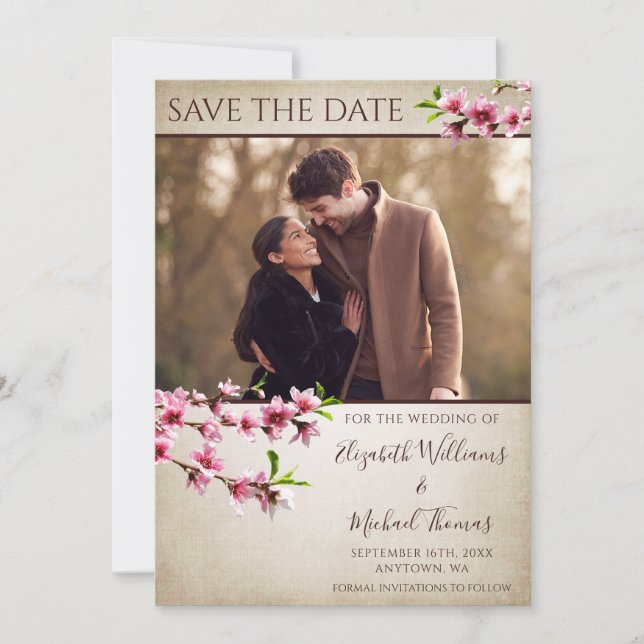 Pink Cherry Blossoms Tan Photo Save the Date (Front)