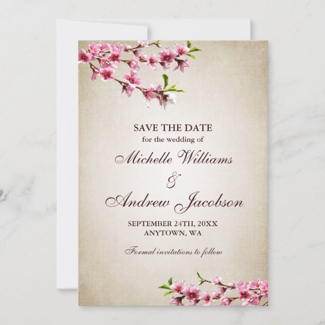 Pink Cherry Blossoms Tan Wedding Save the Date (Front)