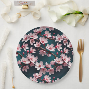 Pink Cherry Blossoms Teal Paper Plate