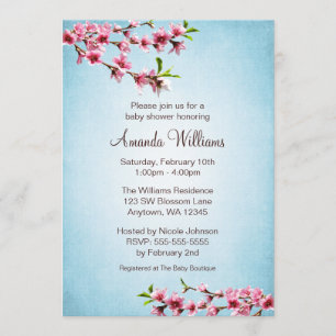 Pink Cherry Blossoms Vintage Blue Baby Shower Invitation