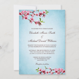 Pink Cherry Blossoms Vintage Blue Wedding Invitation