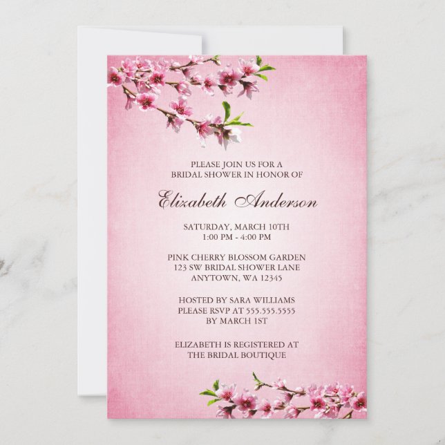 Pink Cherry Blossoms Vintage Tan Bridal Shower Invitation (Front)
