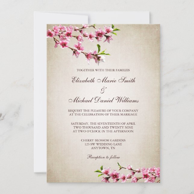 Pink Cherry Blossoms Vintage Tan Wedding Invitation (Front)