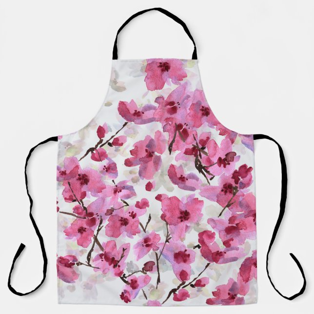 Pink Cherry Blossoms Watercolor Seamless. Apron (Front)