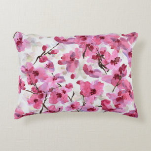 Pink Cherry Blossoms Watercolor Seamless. Decorative Cushion