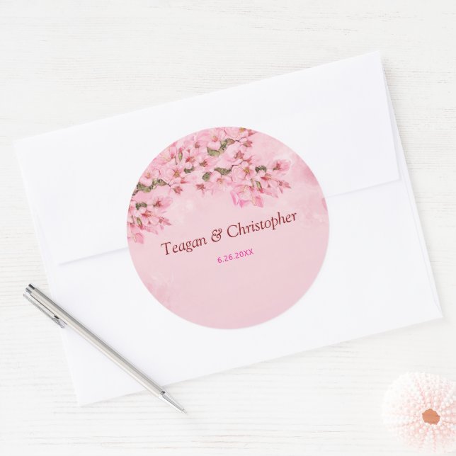 Pink Cherry Blossoms Wedding  Classic Round Sticker (Envelope)