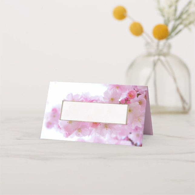 Pink Cherry Blossoms Wedding Folded Place Card (Front)