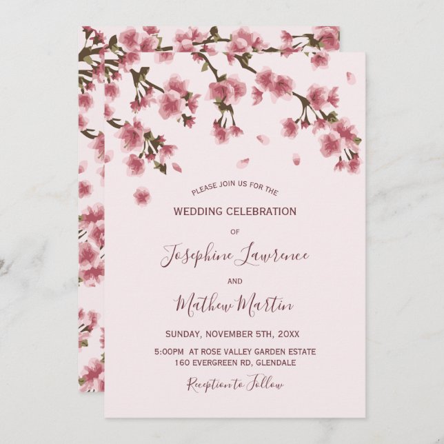 Pink Cherry Blossoms Wedding Invitation (Front/Back)