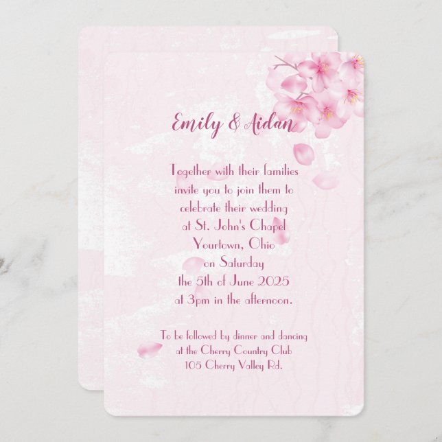pink cherry blossoms wedding invitation (Front/Back)