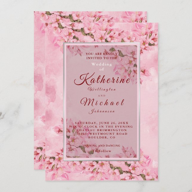 Pink Cherry Blossoms Wedding  Invitation (Front/Back)