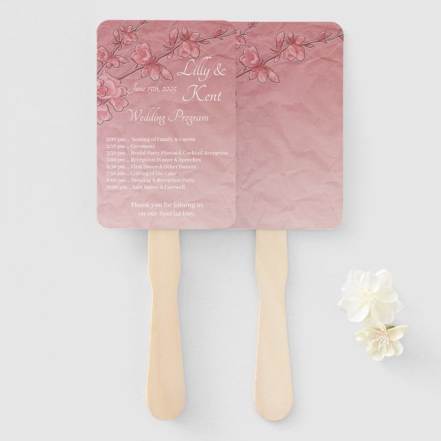 Pink Cherry Blossoms Wedding Program Fans (Front and Back)